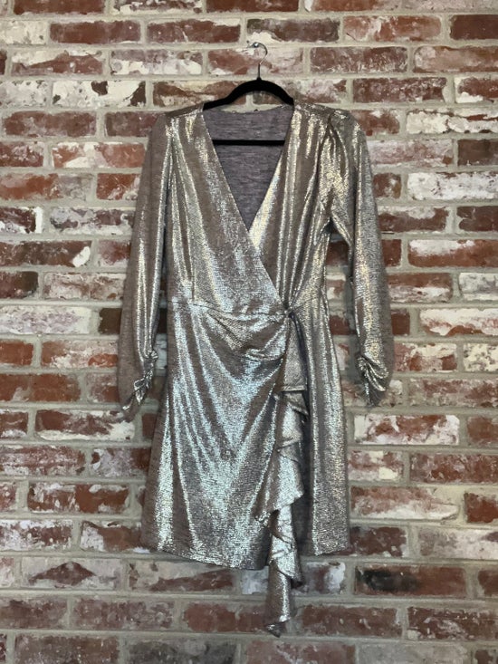 Silver-Gold Foil Dress with Side Ruffles Wardrobe Mobile Boutique Silver-Gold Foil Dress with Side Ruffles Wardrobe Mobile Boutique