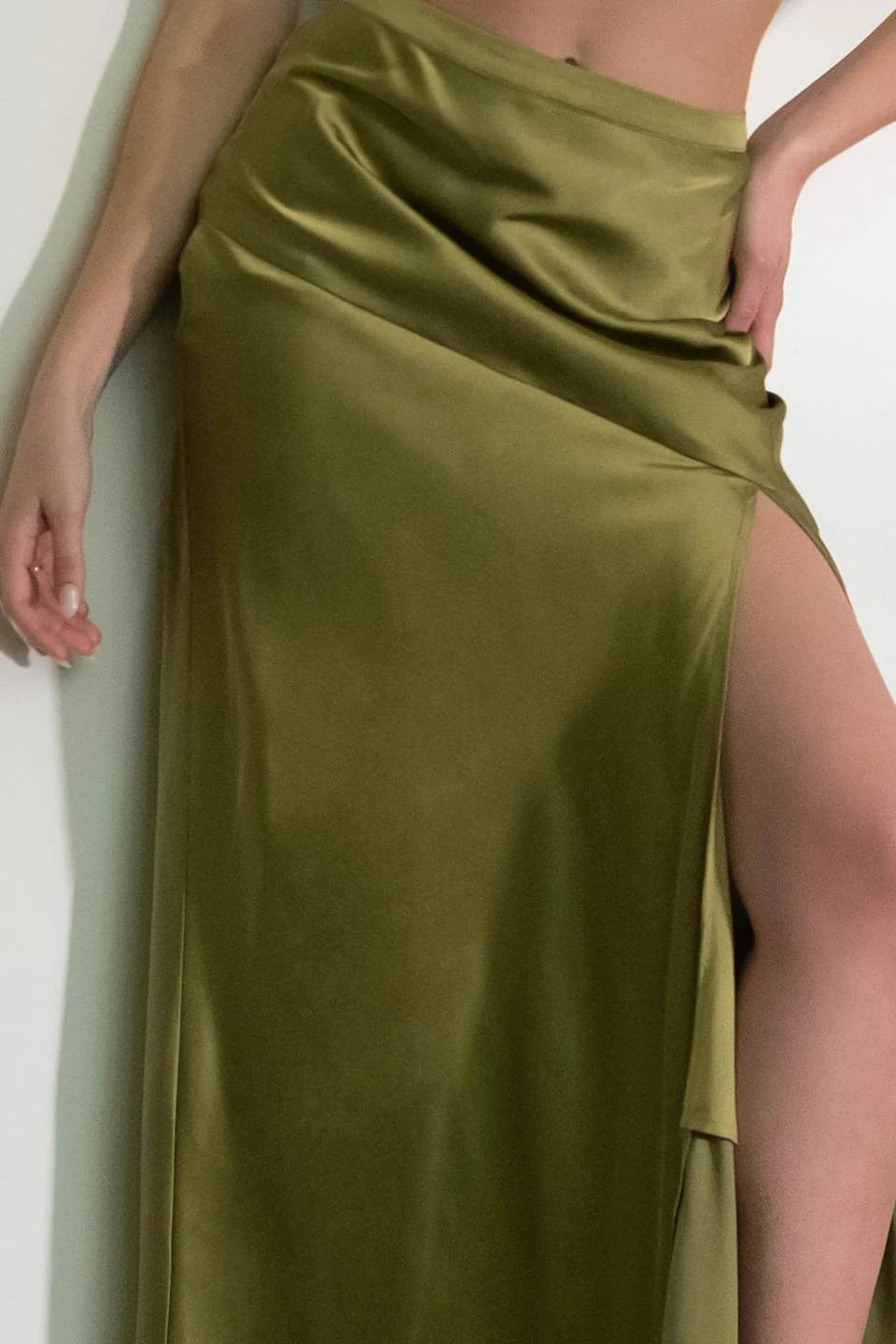 Satin Asymmetrical Side Slit Midi Skirt