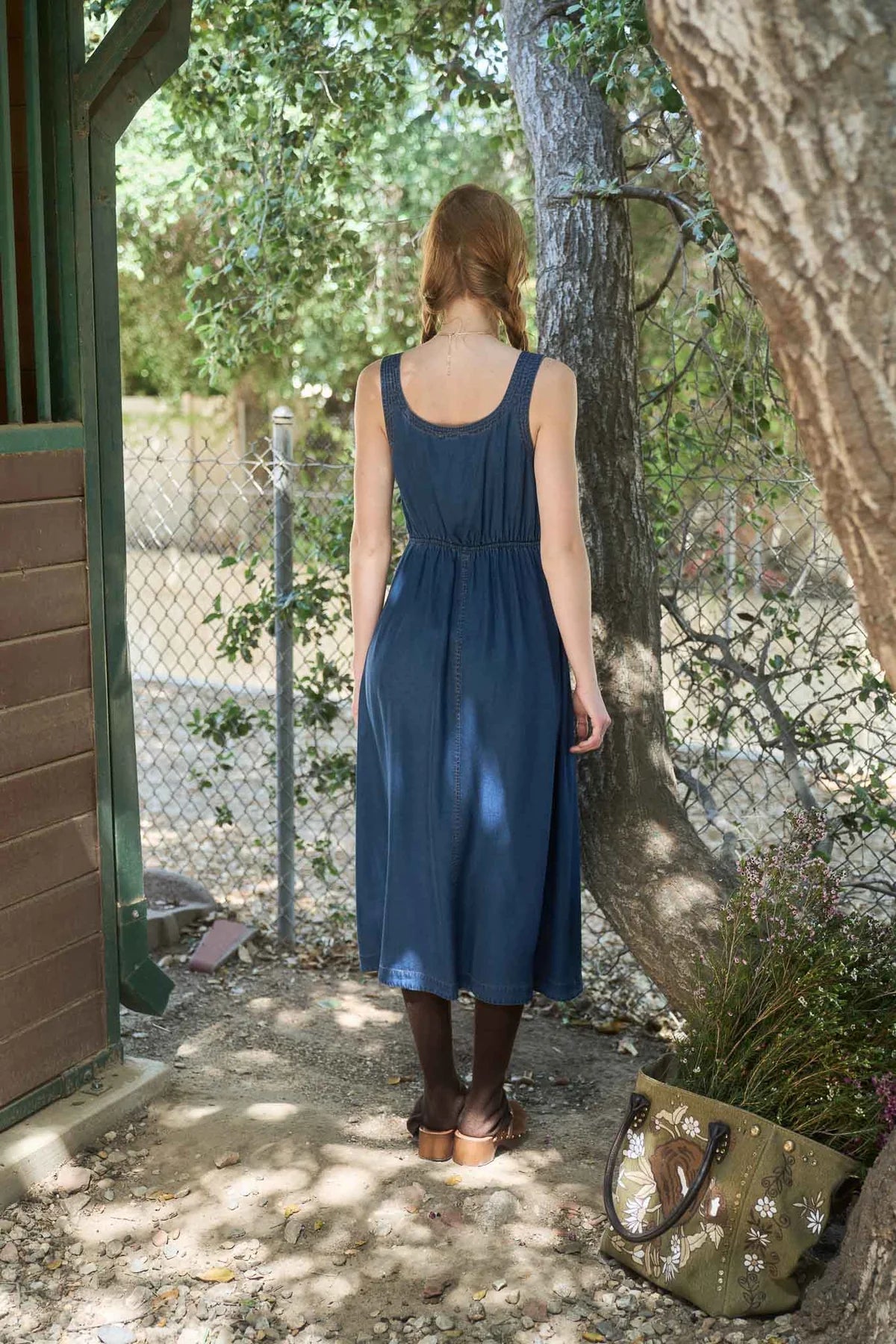 Front Zip Sleeveless Denim Midi Dress
