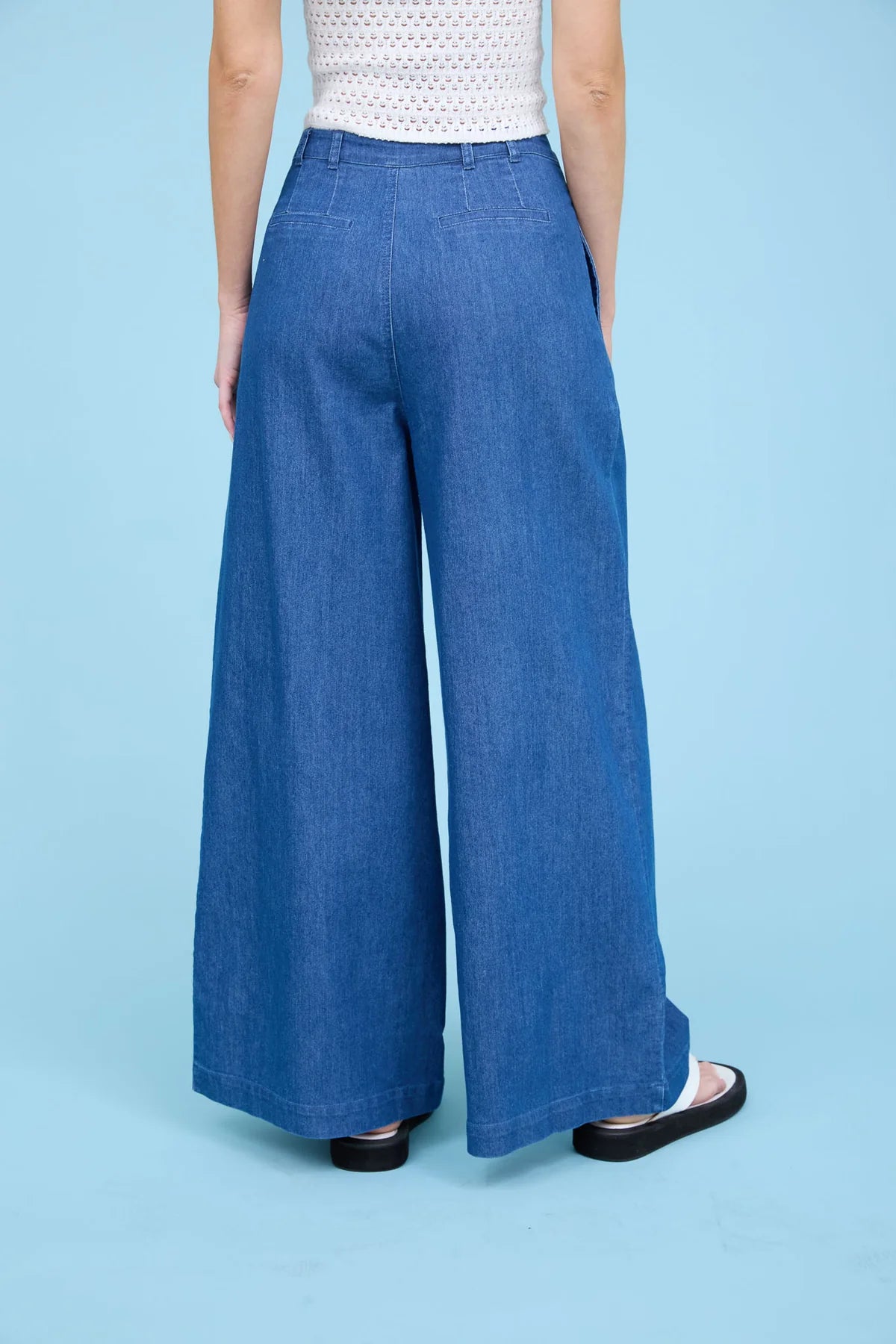 Pleated Wide Leg Chambray Pants