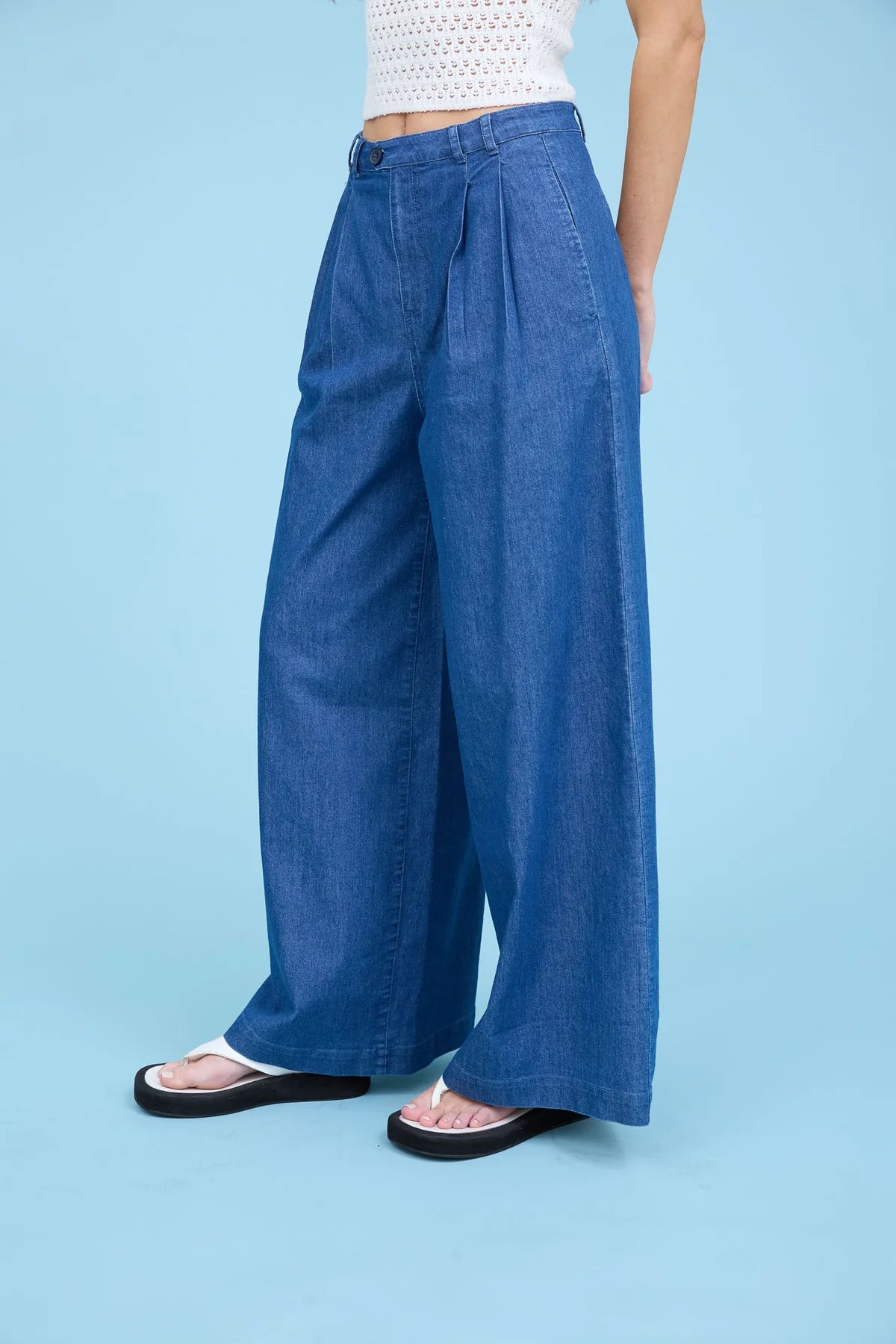 Pleated Wide Leg Chambray Pants