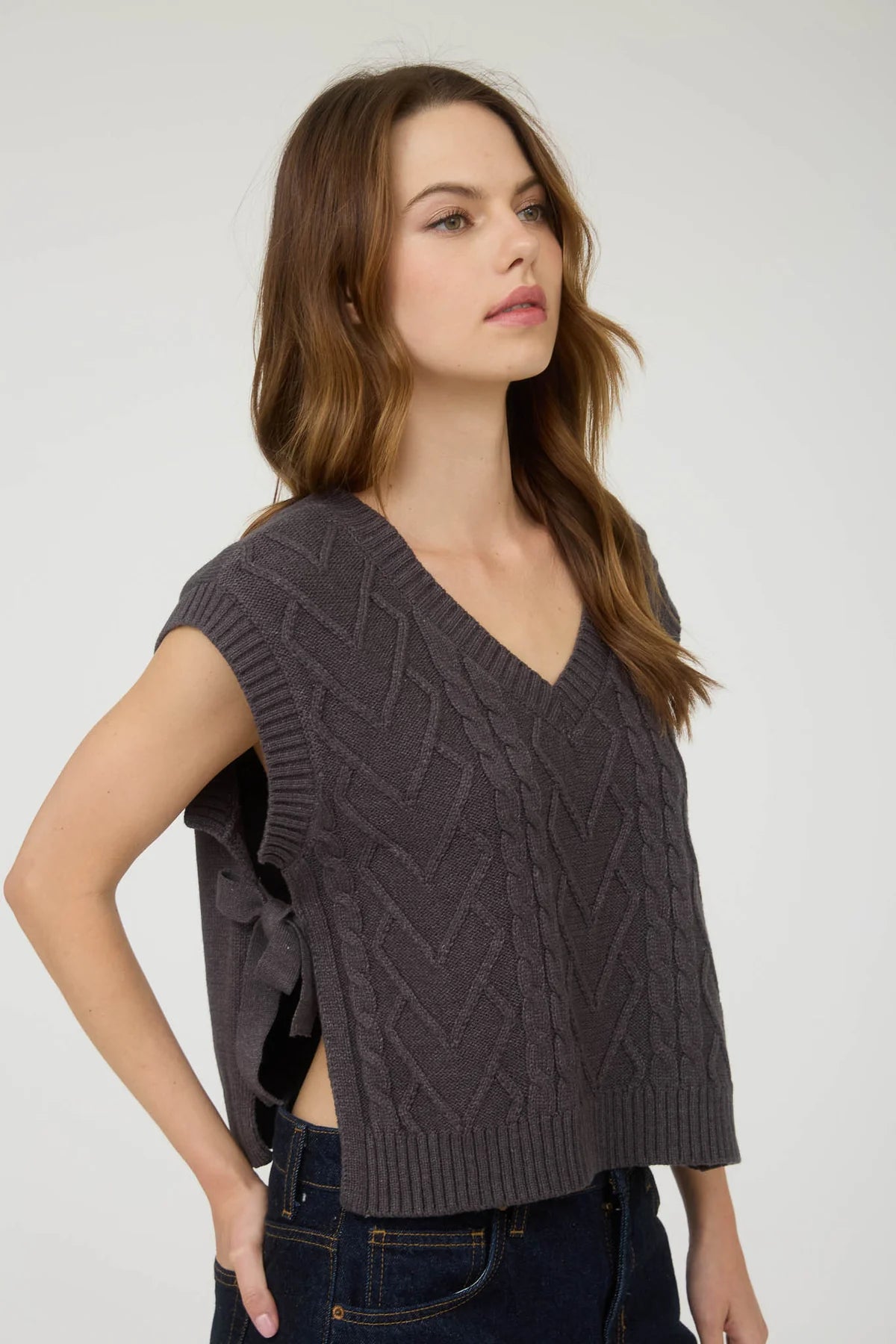 Cable Knit V Neck Side Tie Sweater Vest