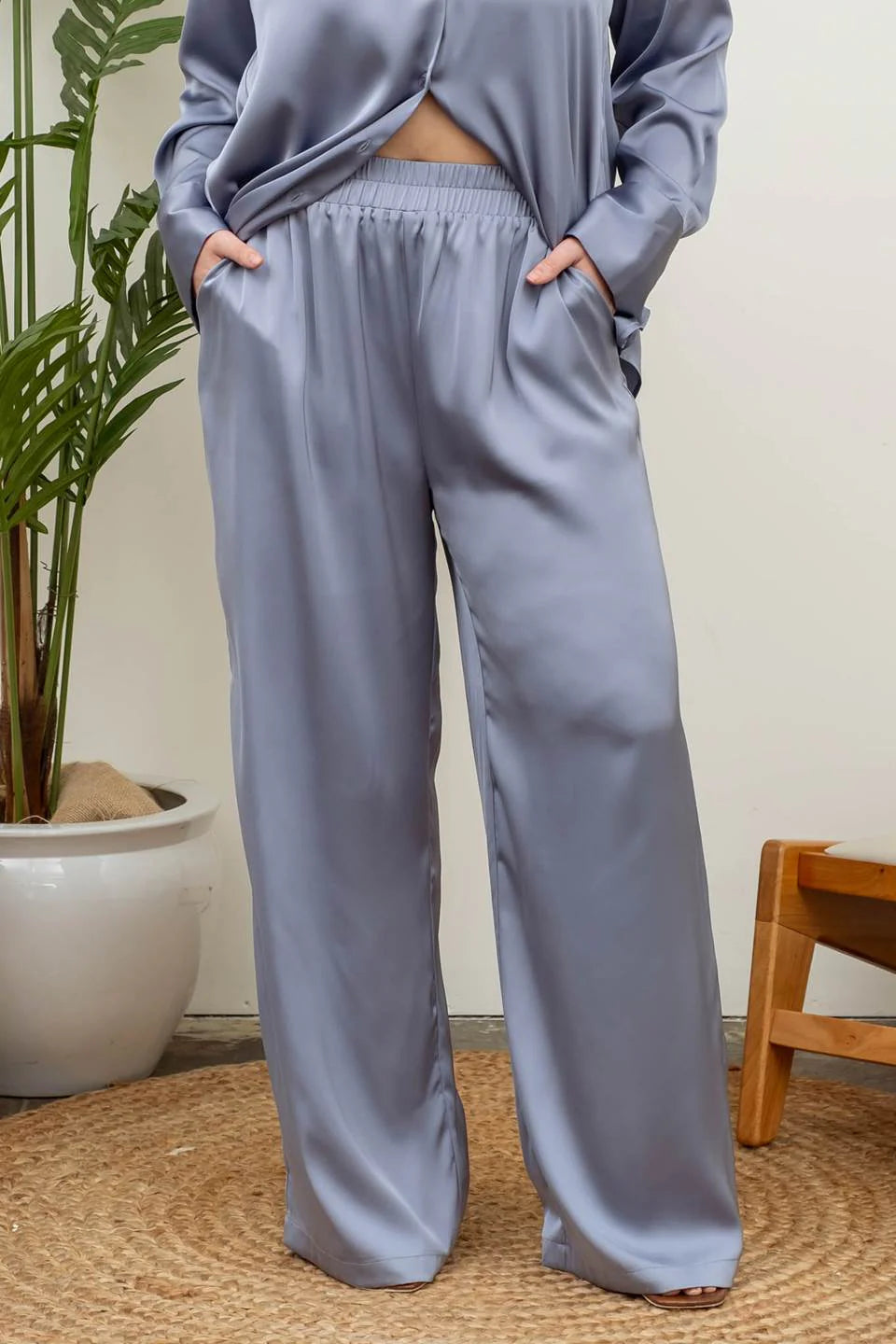 Plus Satin Wide Leg Pants Blue
