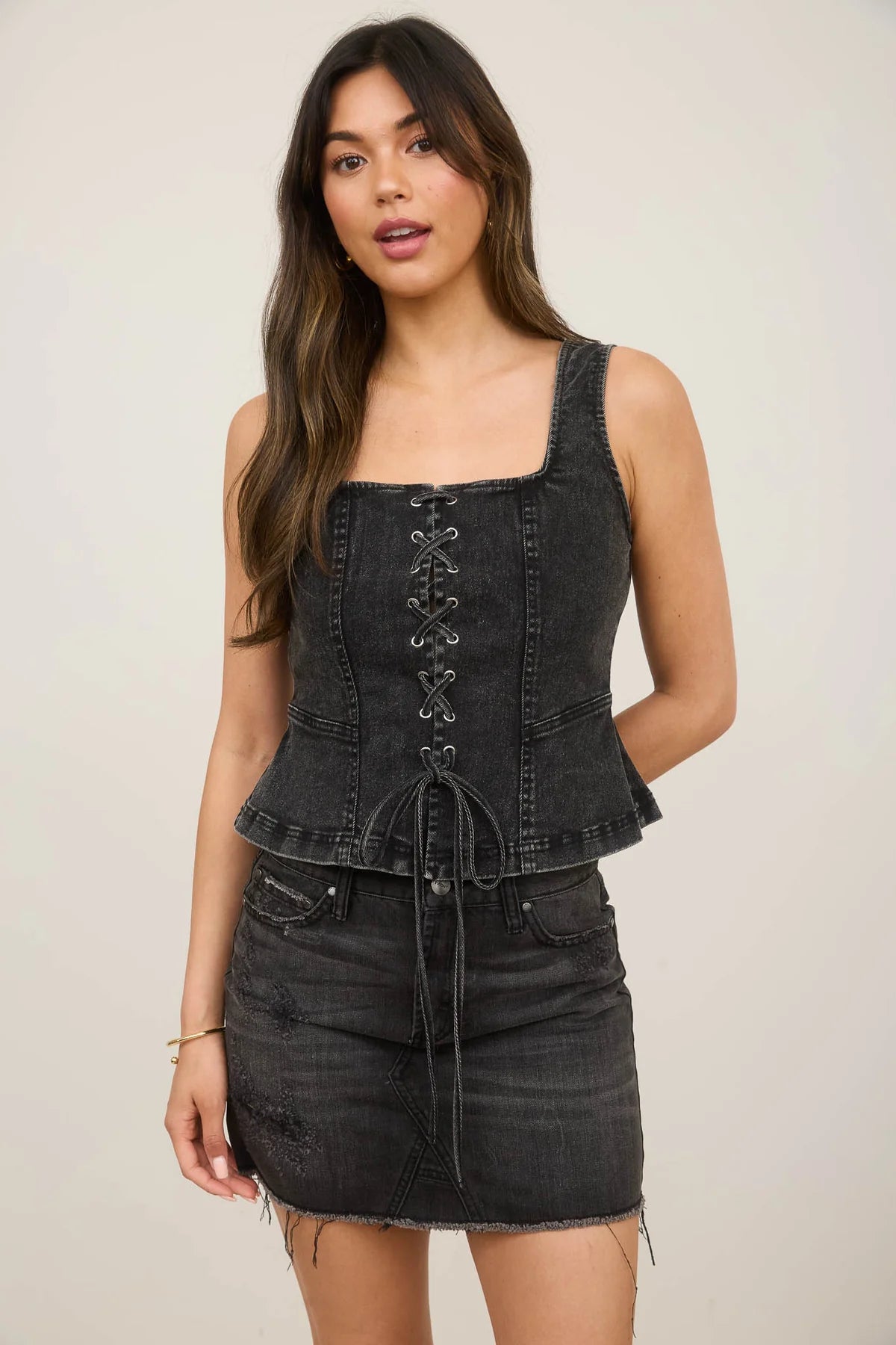 Lace Up Front Sleeveless Denim Top
