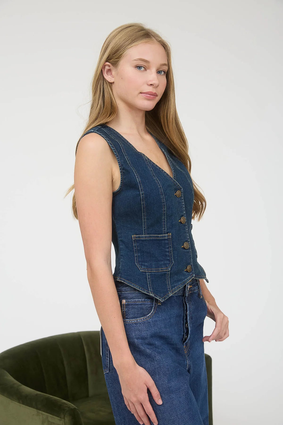 V Neck Sleeveless Button Down Denim Vest