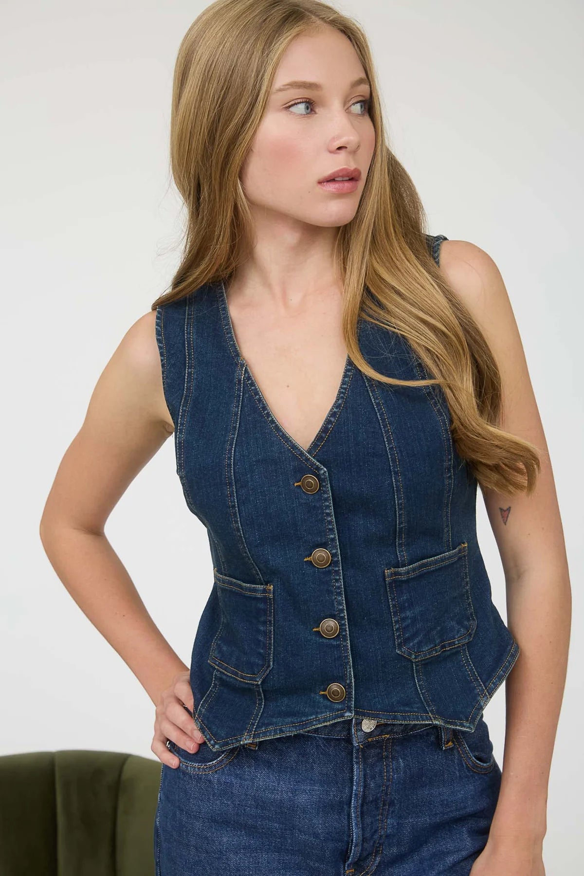 V Neck Sleeveless Button Down Denim Vest