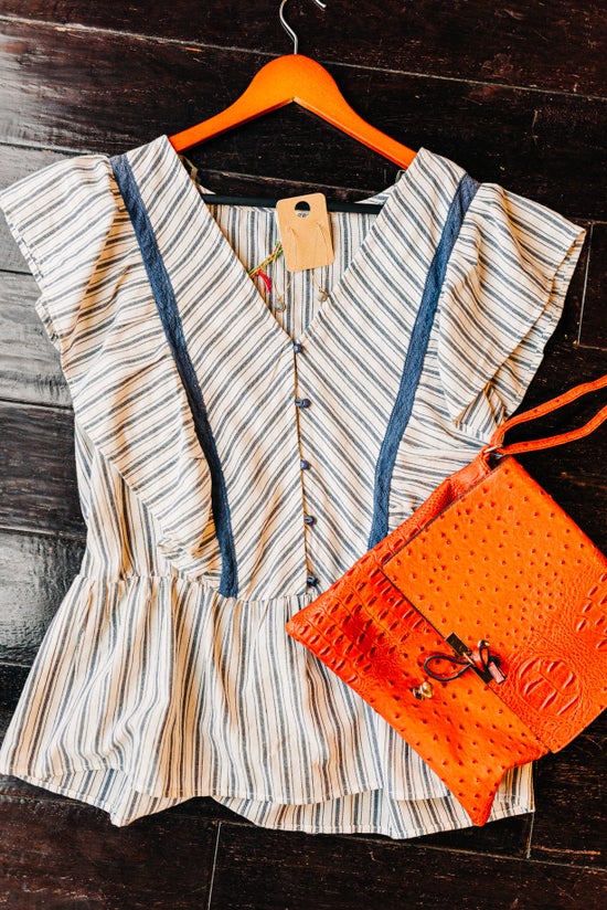 Striped Ruffle Button Front Top with Crochet