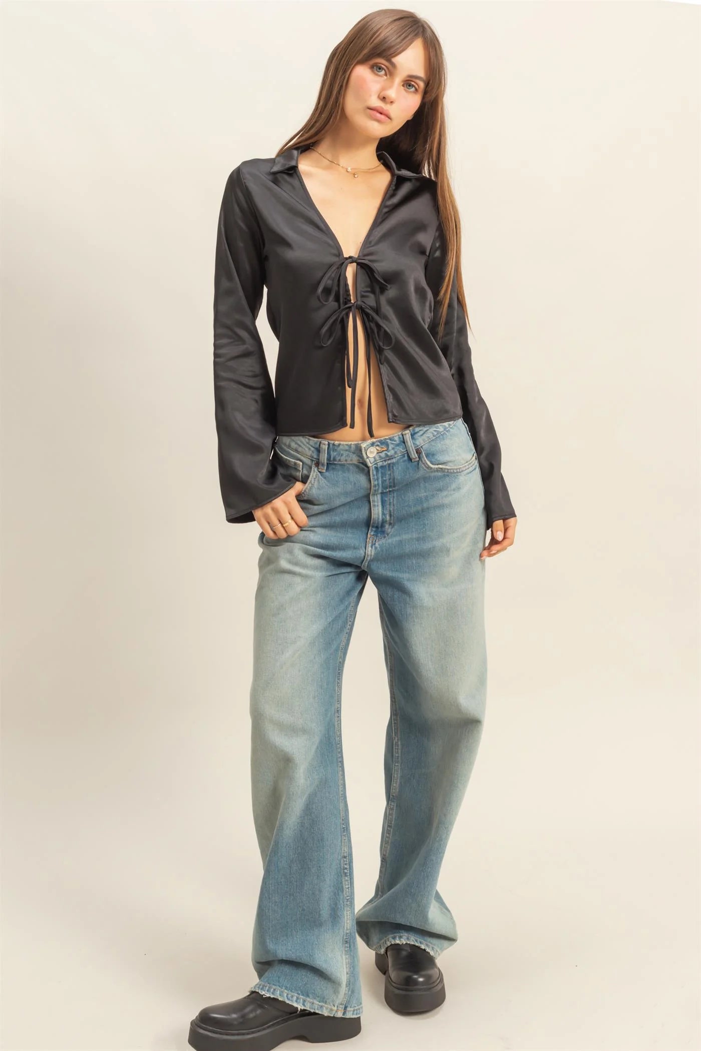 Chic Satin Tie Front Blouse