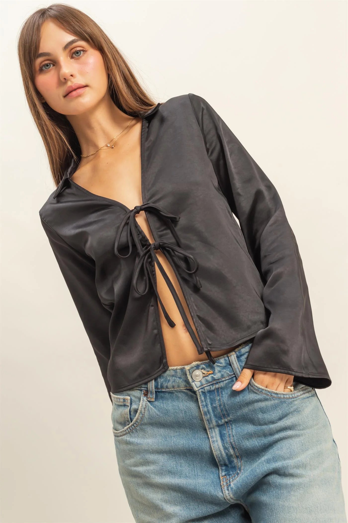 Chic Satin Tie Front Blouse