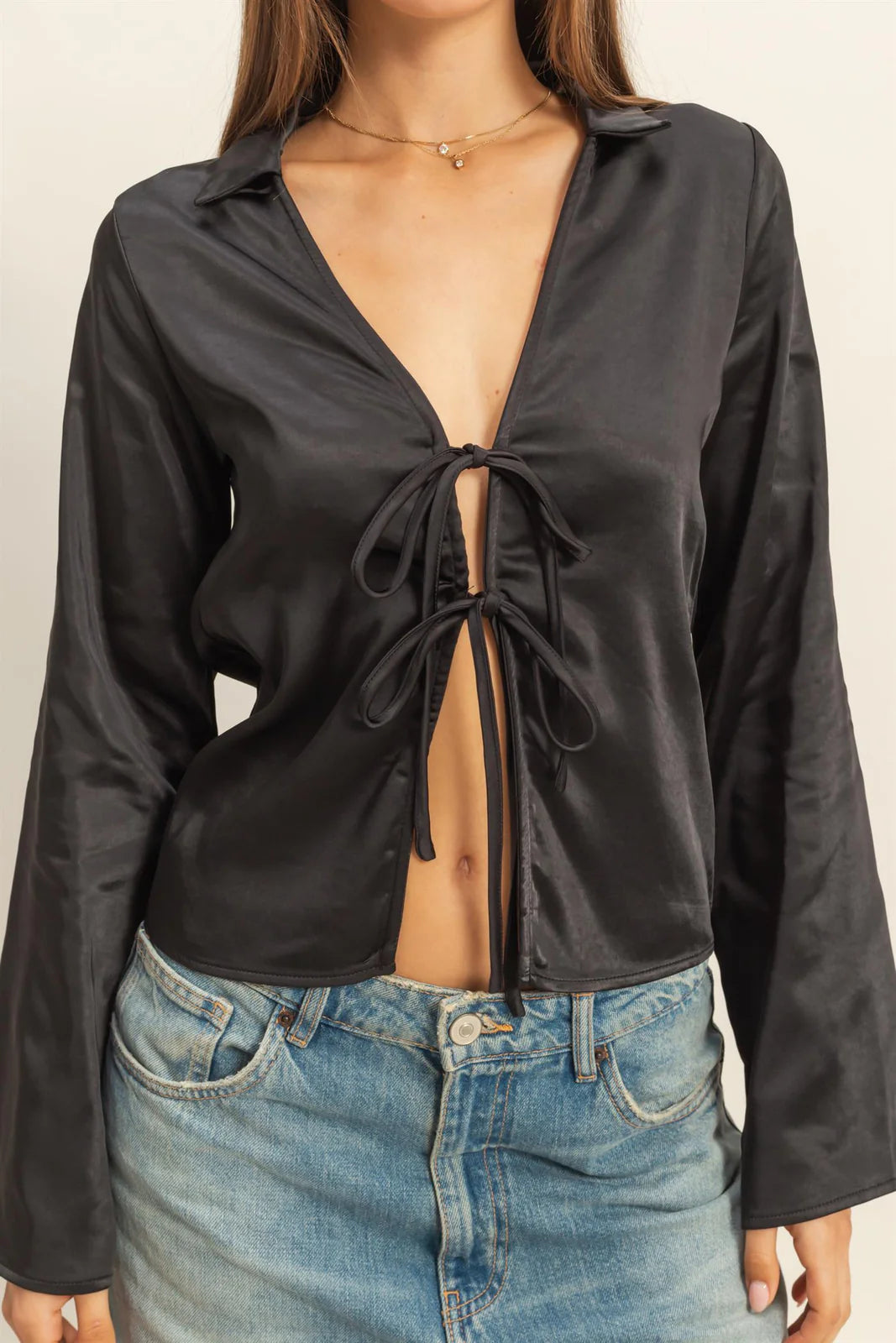 Chic Satin Tie Front Blouse