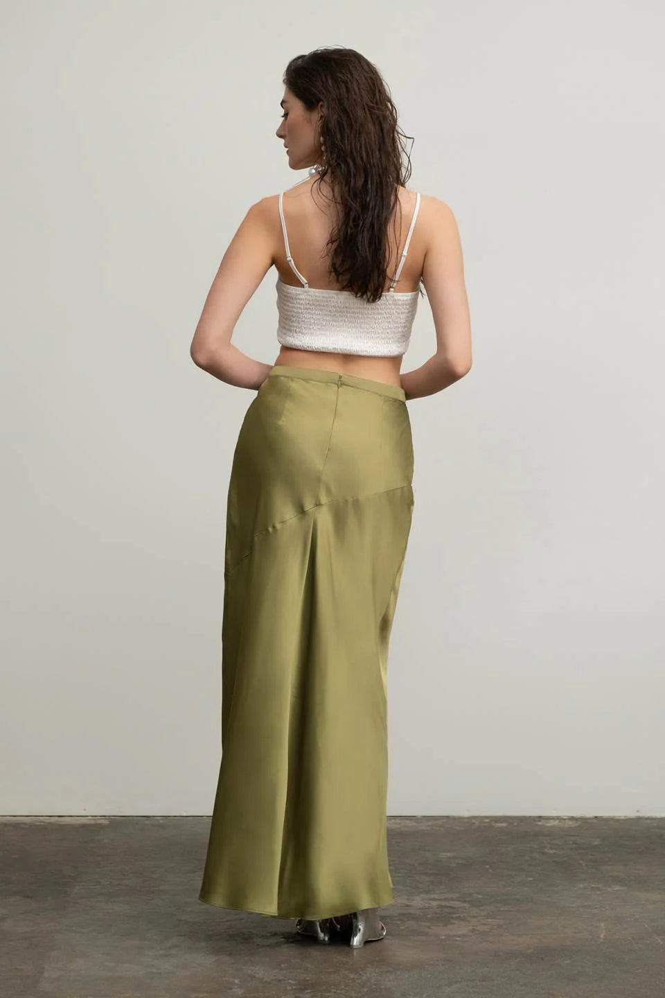 Satin Asymmetrical Side Slit Midi Skirt