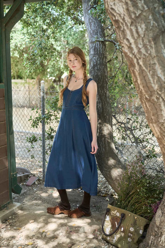 Front Zip Sleeveless Denim Midi Dress