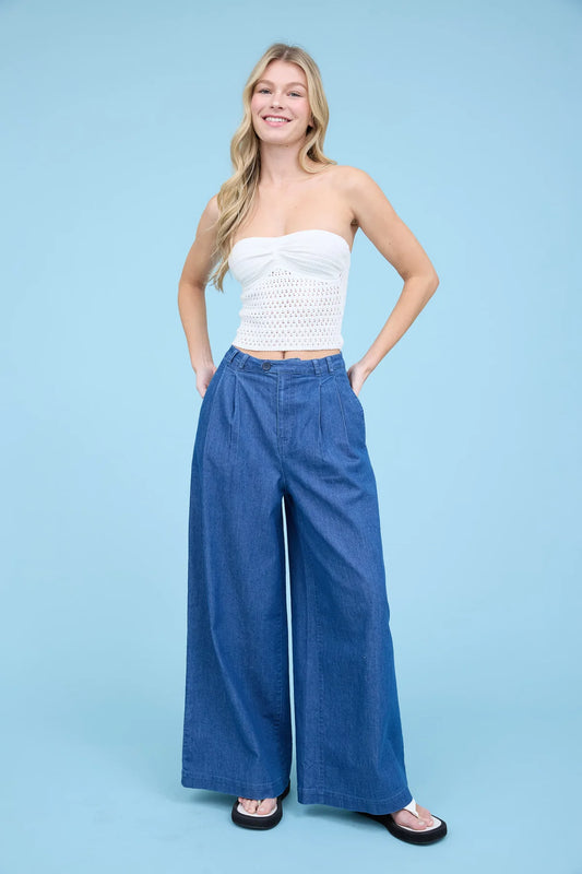 Pleated Wide Leg Chambray Pants