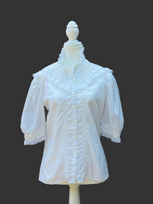 1980's Lace Ruffle Neck Short Sleeved Blouse