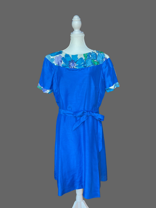 Blue and Floral Hand-sewn Midi Dress
