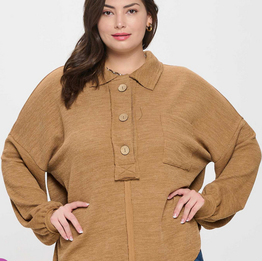 Plus Collared Raw Edge Knit Top