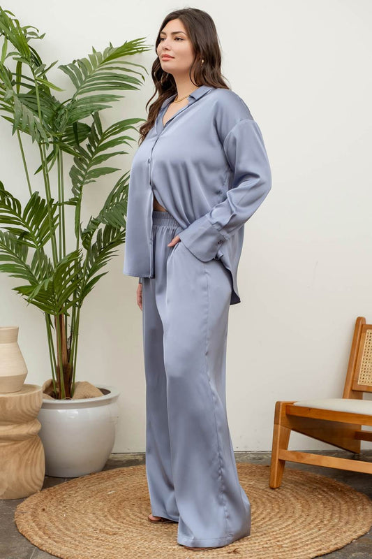 Plus Satin Wide Leg Pants Blue