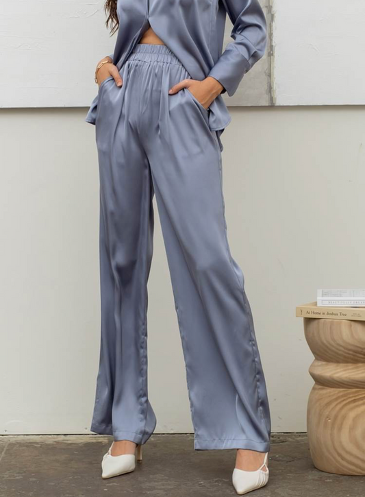 Solid Satin Wide Leg Pants Blue