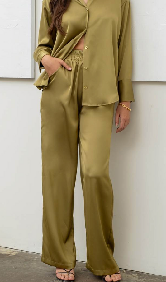 Solid Satin Wide Leg Pants Olive
