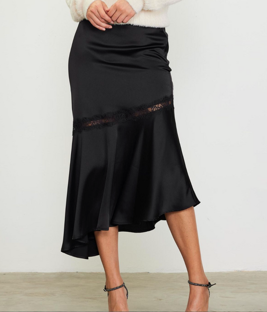Satin and Lace Asymmetrical Skirt Black
