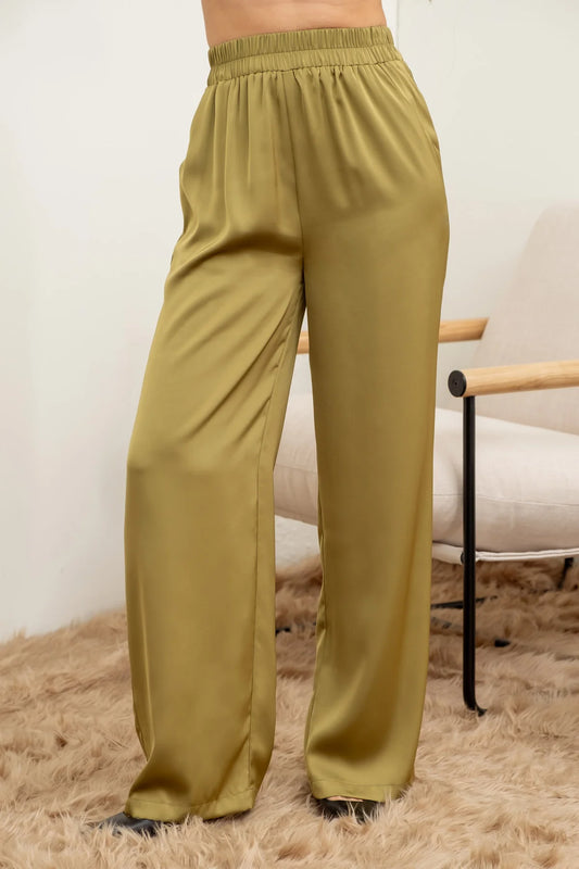Plus Satin Wide Leg Pants Olive