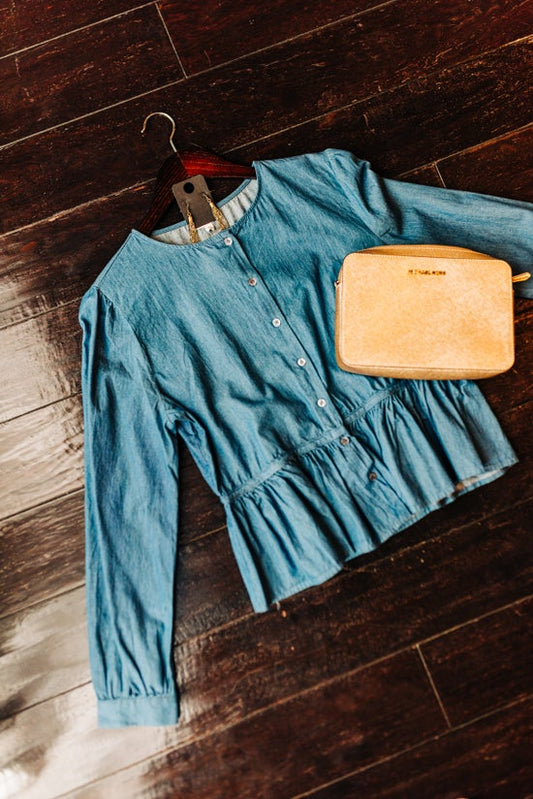 Long Sleeve Button Up Denim Top Ruffle