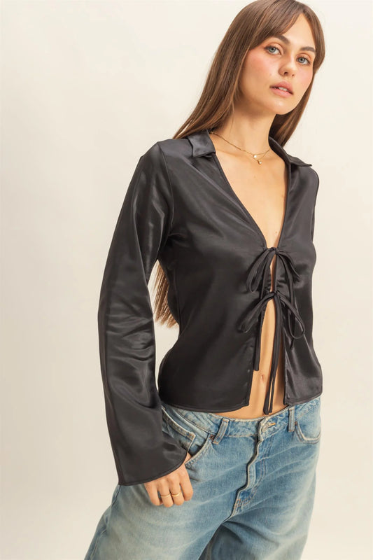 Chic Satin Tie Front Blouse
